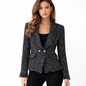 Rachel Zoe Blazer Womens Small Black Tweed Shawl Collar Fringe Tuxedo Jacket